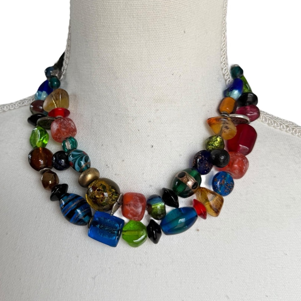 Vtg y2k Chico’s Colorful Beaded Necklace swirled glass 2 strand boho artsy